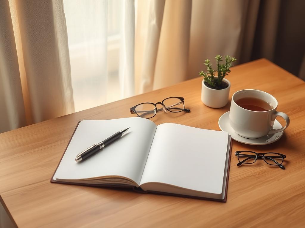 Escritorio cálido con cuaderno y planta, espacio de escucha