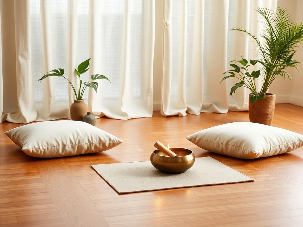 Cojines de meditación, cuenco tibetano y plantas