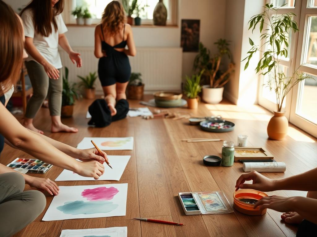 Taller grupal con arteterapia y movimiento sobre piso de madera